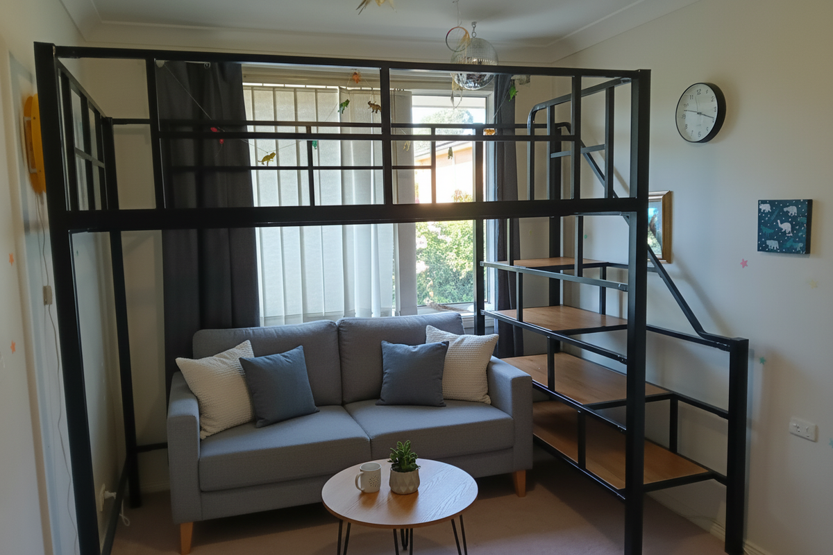Black Steel Loft Bed Frame Close-Up – Sturdy Metal Construction with Timber Stair Steps