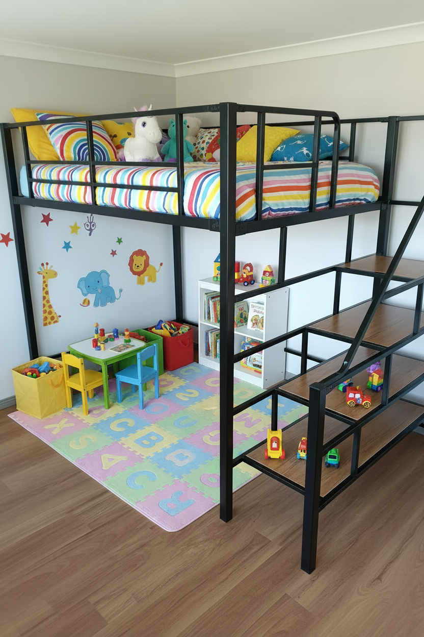 Kids Loft Bed in Black Steel Frame with Colourful Bedding and Play Area Below – Children's Space-Saving Bedroom Furniture