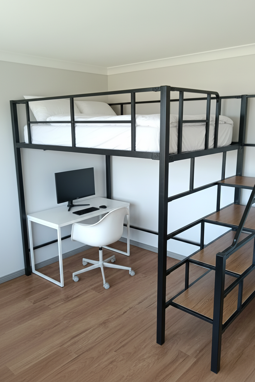 Black Steel Loft Bed with Home Office Desk and Chair Underneath – Space-Saving Adult Loft Bed with Timber Staircase