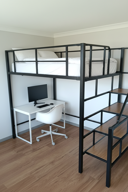 Black Steel Loft Bed with Home Office Desk and Chair Underneath – Space-Saving Adult Loft Bed with Timber Staircase
