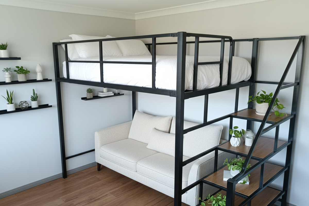Premium Black Steel Loft Bed with White Sofa Underneath and Staircase Shelving – Space-Saving Bedroom Furniture Australia