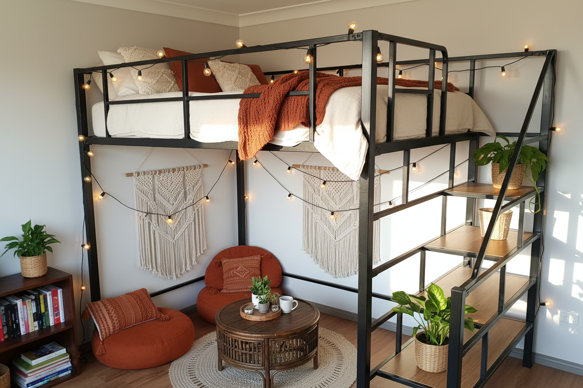 Loft Bed with Boho Lounge Area Below – Black Steel Frame with Globe String Lights, Macramé Wall Hanging and Timber Stair Shelves