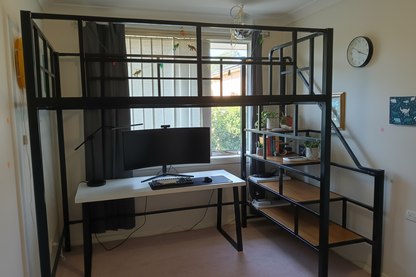 Loft Bed with Safety Railing and Staircase – Black Metal Frame for Adults and Teens