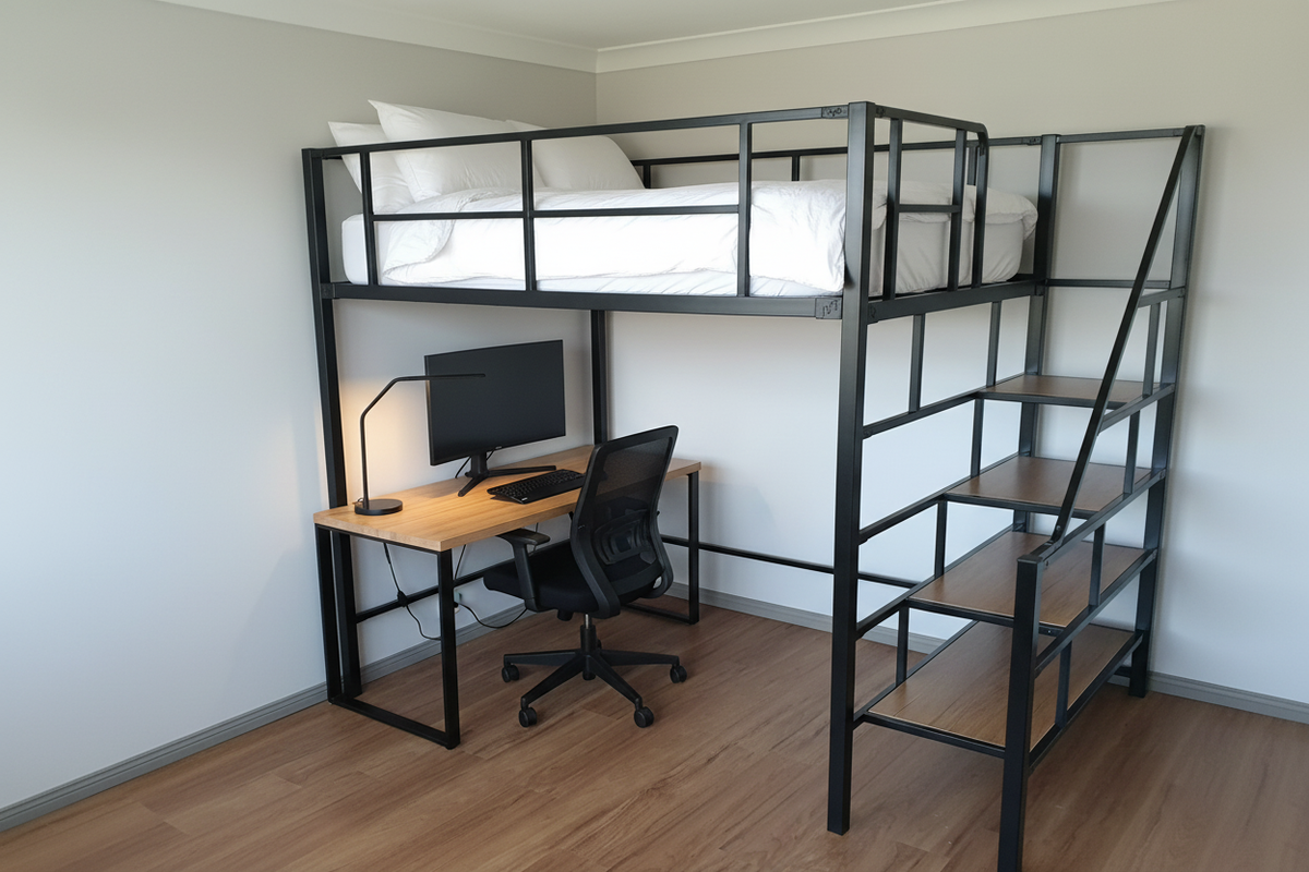 Loft Bed with Built-In Desk and Staircase Shelving – Modern Black Metal Frame in Neutral Bedroom