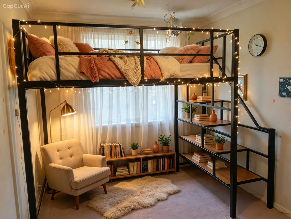 Loft Bed with Reading Nook and Armchair Below – Black Steel Frame with Fairy Lights and Timber Stair Shelving