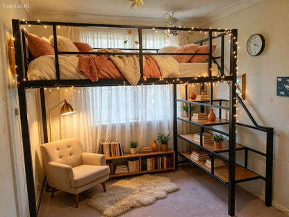 Loft Bed with Reading Nook and Armchair Below – Black Steel Frame with Fairy Lights and Timber Stair Shelving