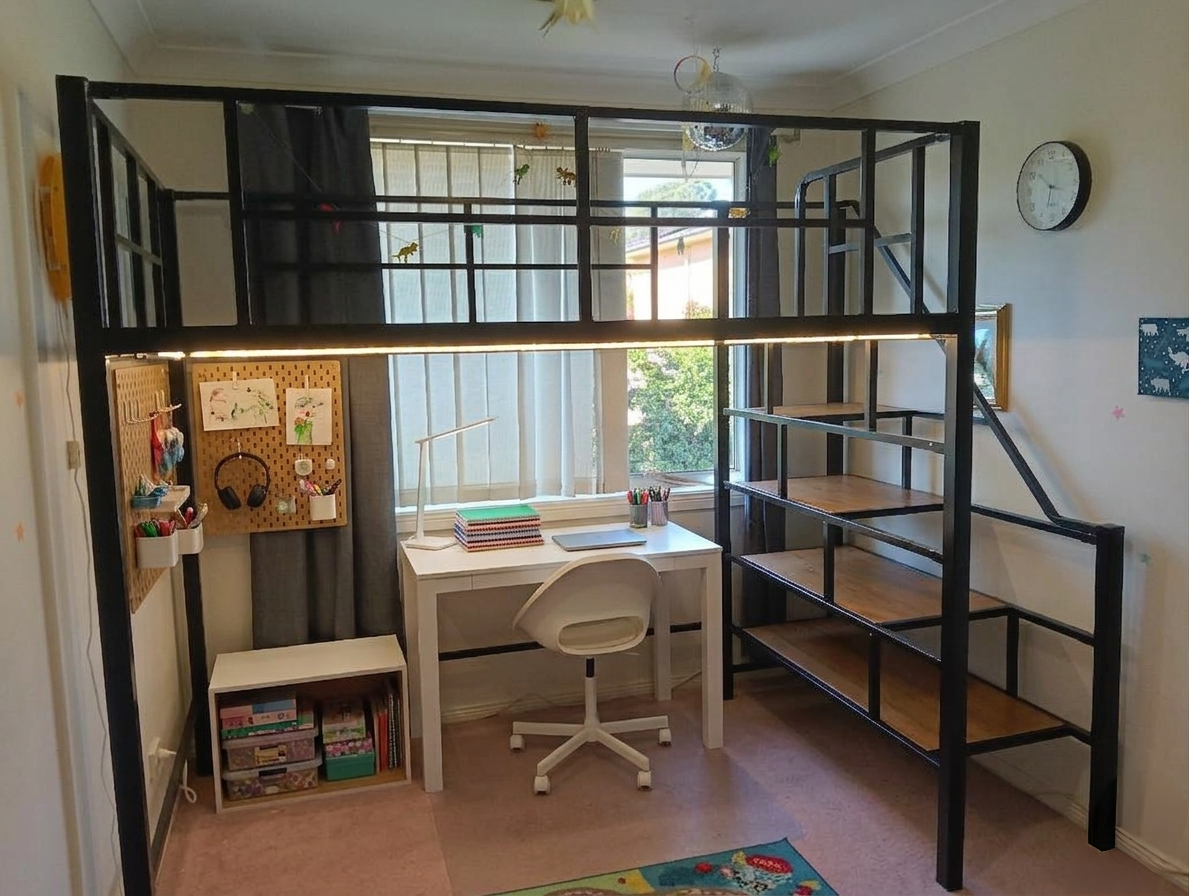 Kids Loft Bed with Study Desk and Pegboard Below – Black Steel Frame with Timber Stair Steps
