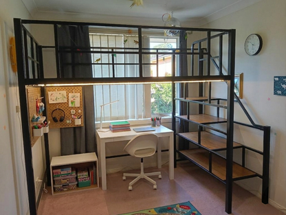 Kids Loft Bed with Study Desk and Pegboard Below – Black Steel Frame with Timber Stair Steps