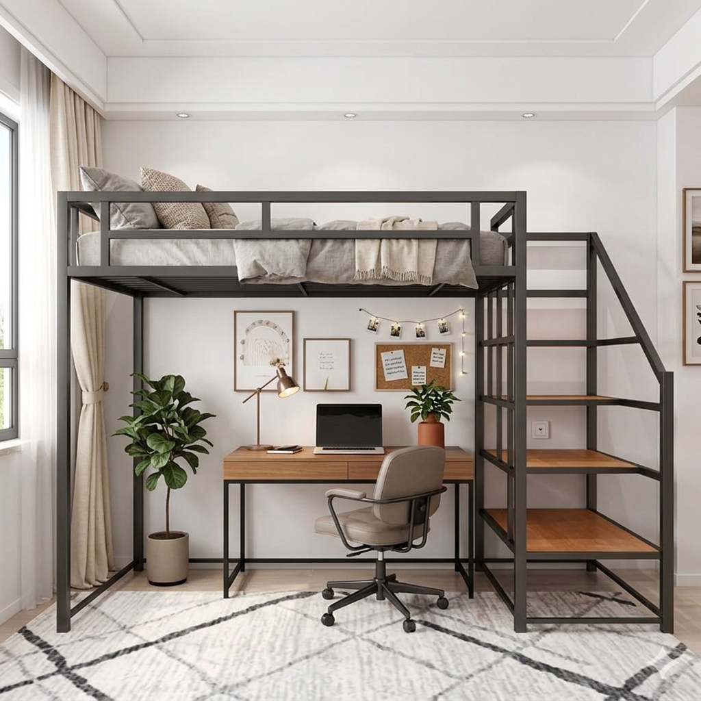 Premium Loft Bed Black Steel Frame – Close-Up of Staircase and Railing Detail