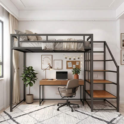 Premium Loft Bed Black Steel Frame – Close-Up of Staircase and Railing Detail