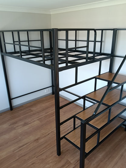 A black metal loft bed frame with built-in wooden steps and open shelving, shown in a room with light gray walls and wood-look flooring.