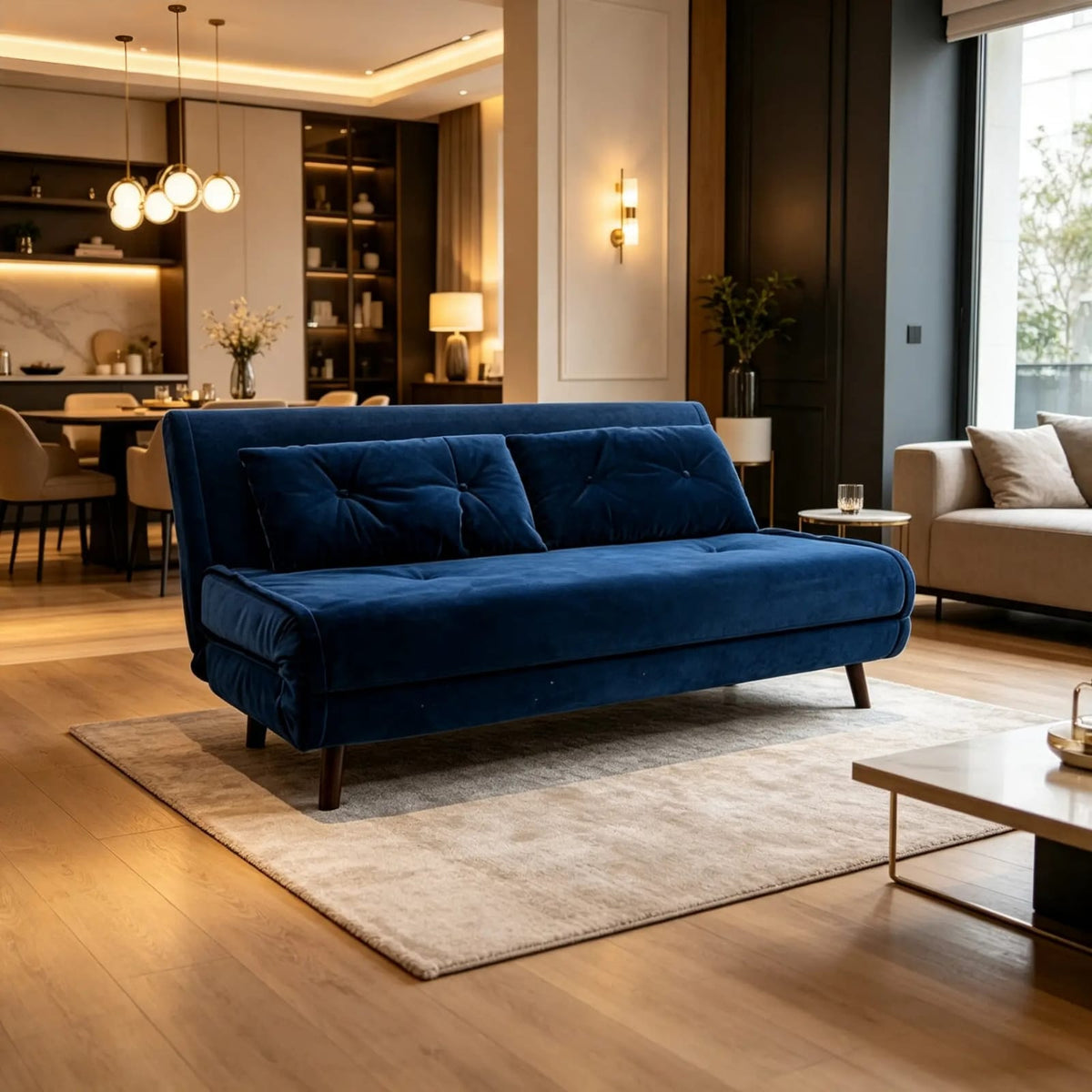 Velvet Sofa Bed with Solid Wood Frame | Blue & Pink | 142cm