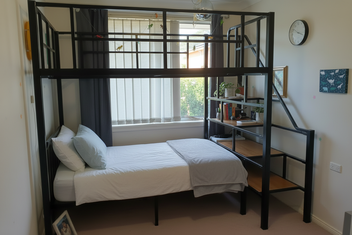Black Steel Loft Bed with Integrated Staircase and Under-Bed Double Mattress in Kids Bedroom