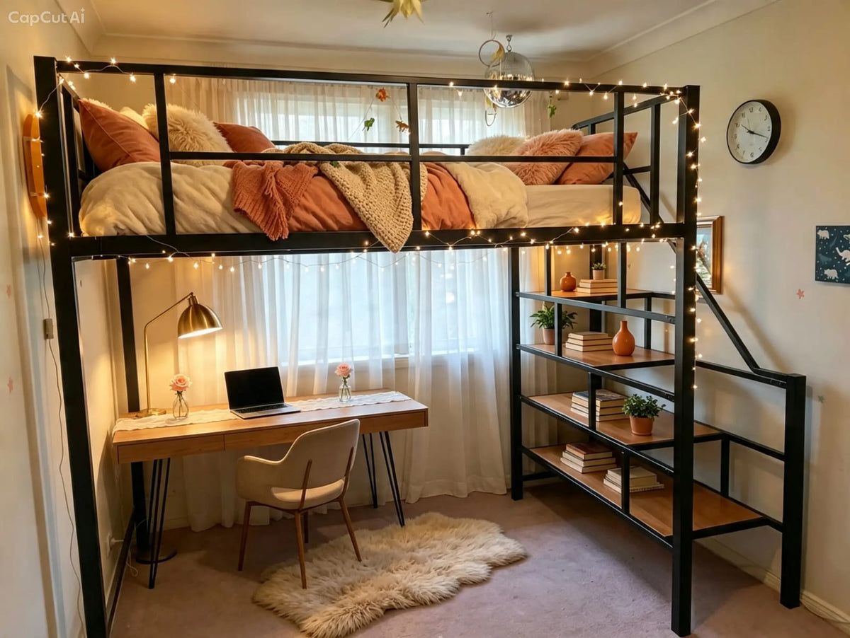 Teen Loft Bed with Fairy Lights and Timber Study Desk Below – Black Metal Frame with Staircase Shelving in Warm Bedroom