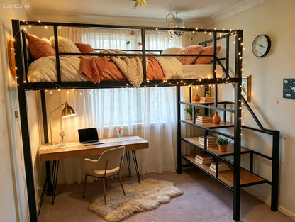 Teen Loft Bed with Fairy Lights and Timber Study Desk Below – Black Metal Frame with Staircase Shelving in Warm Bedroom