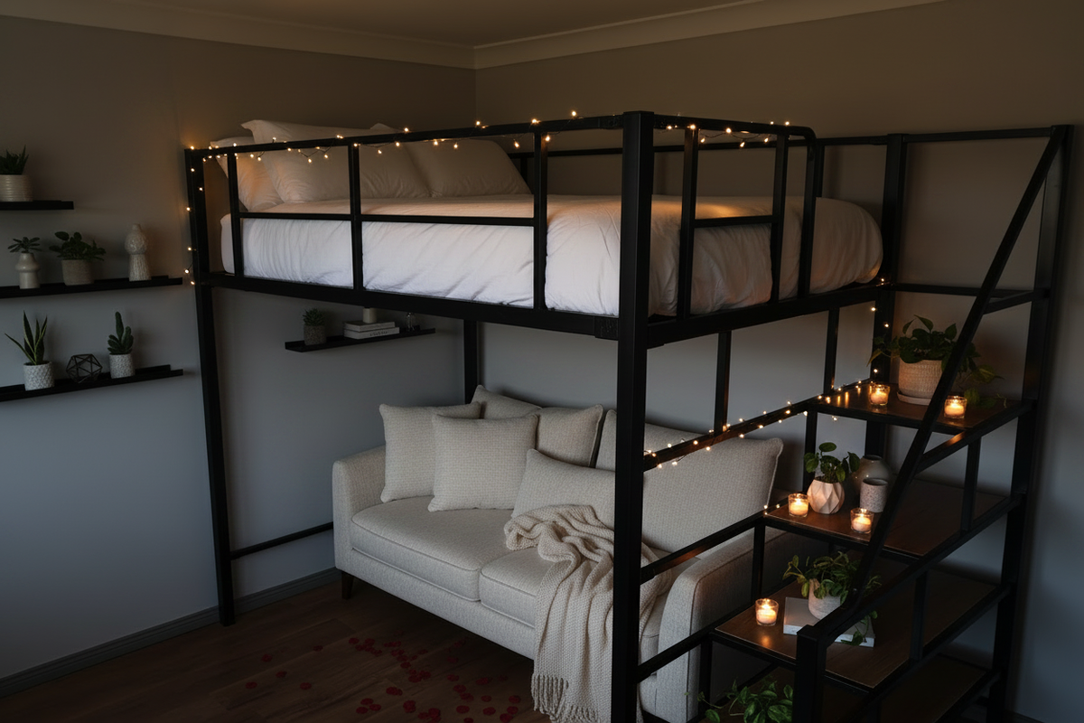 Black Metal Loft Bed with Fairy Lights and Cosy Lounge Area Below – Staircase Shelving with Candles and Plants