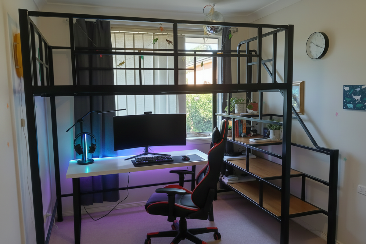 Loft Bed with Gaming Setup Underneath – Black Metal Frame with LED-Lit Desk and Monitor